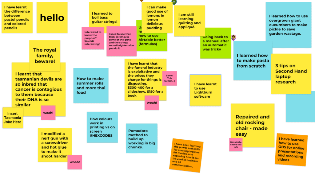 30 or so post-it notes of various colours and sizes have been added together. Each note holds an idea that someone has learned: "I have used to learn Light Burn software. "How to make summer rolls and more Thai food." I modified a Nerf gun with a screwdriver and hot glue to make it shoot harder." Some notes have smaller notes containing reactions like "Woah."